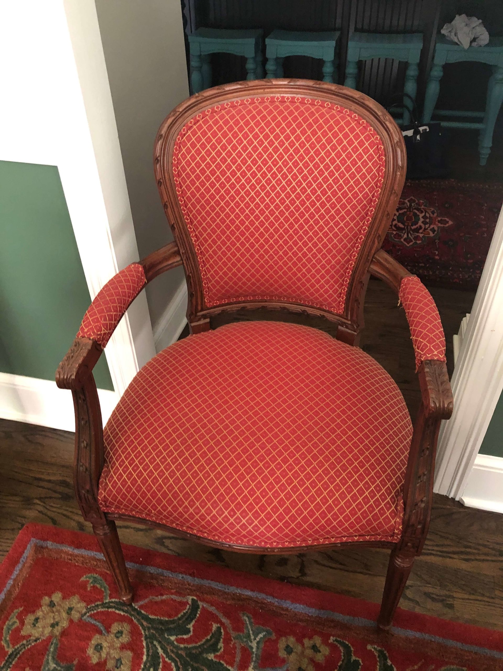 Gorgeous carved wood frame. Questionable upholstery Inherited dining chairs from grandma Lindsey Putzier Design Studio