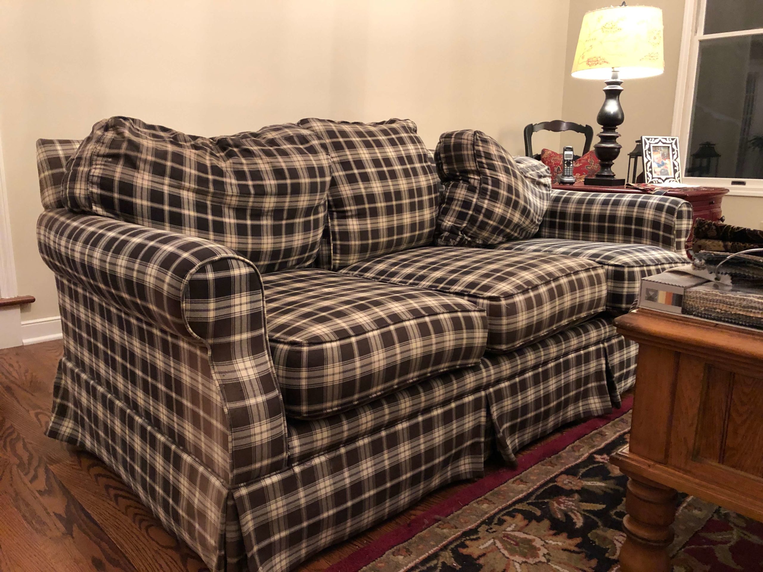 black and white plaid Before sofas in Family Room Space Lindsey Putzier Design Studio