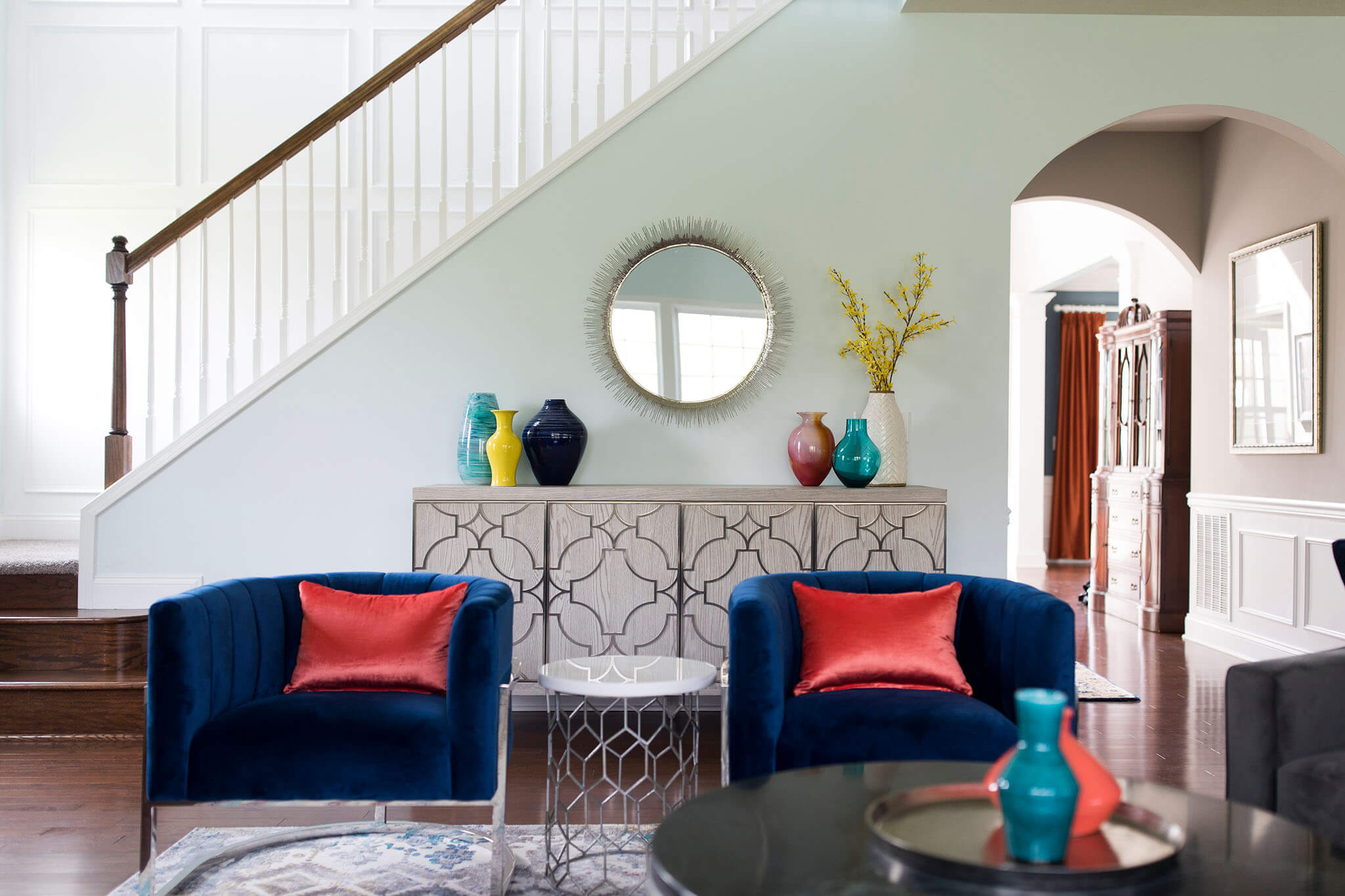Colorful Contemporary Home Stairway in Family Room Space