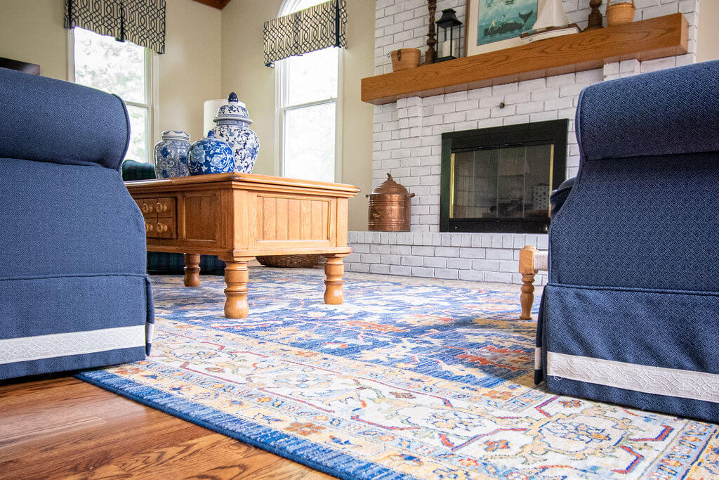 Close up of blue rug with neutral tones Lindsey Putzier Design Studio  Ohio