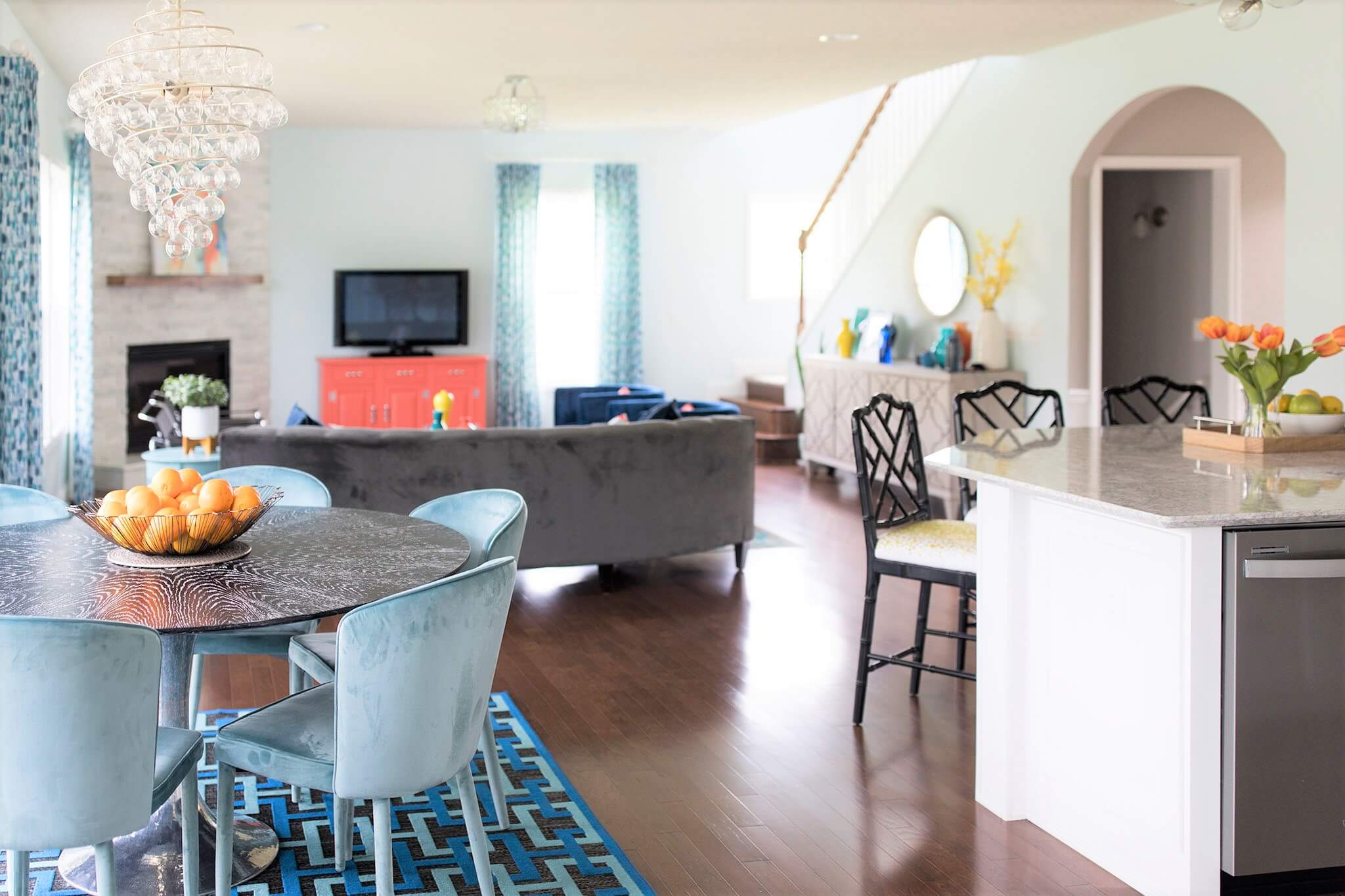 Colorful Contemporary Family Room after Lindsey Putzier Design Studio Hudson, Ohio