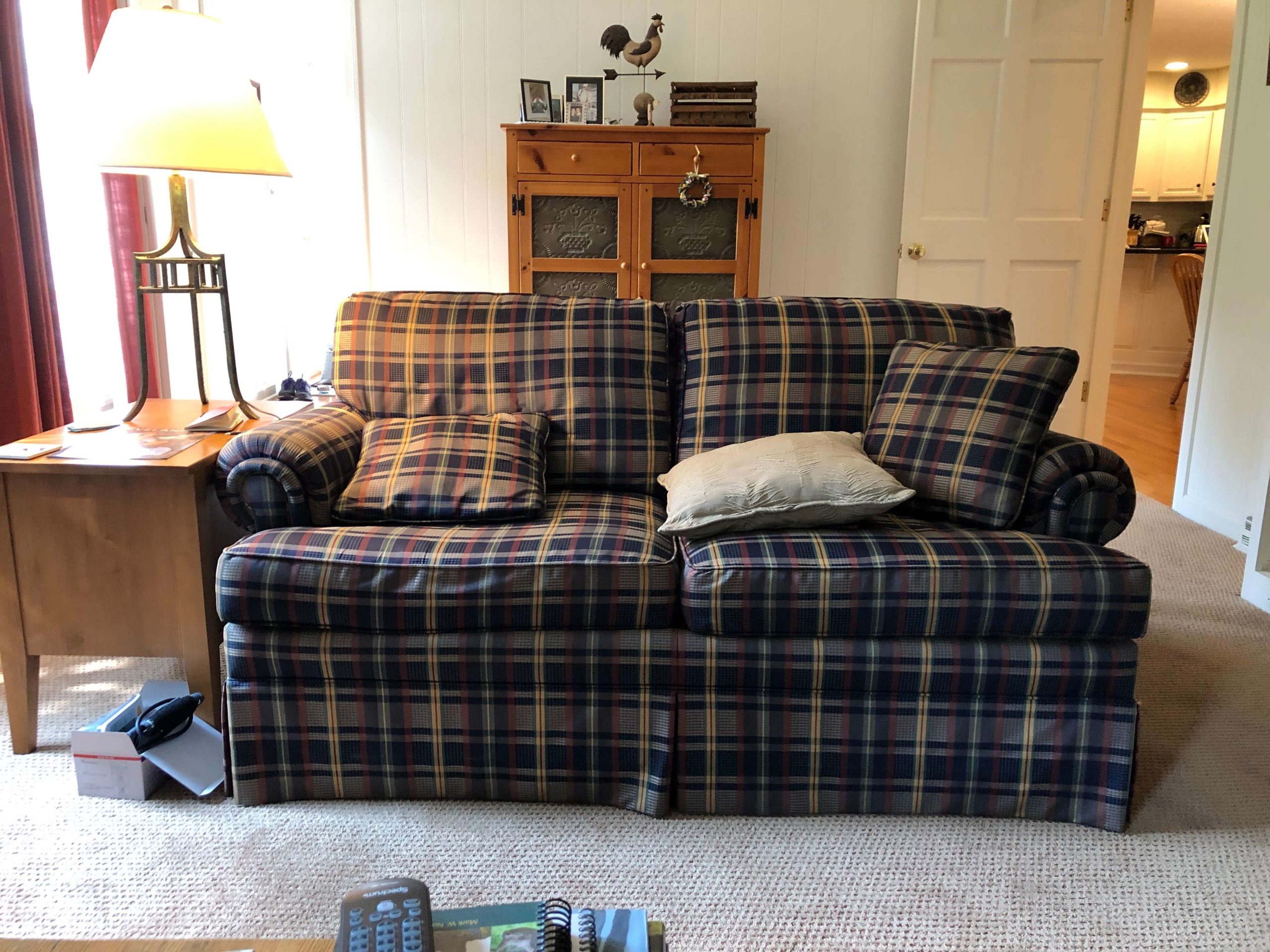 roll arm sofa frame and cushions are in great shape, but the upholstery has seen better decades