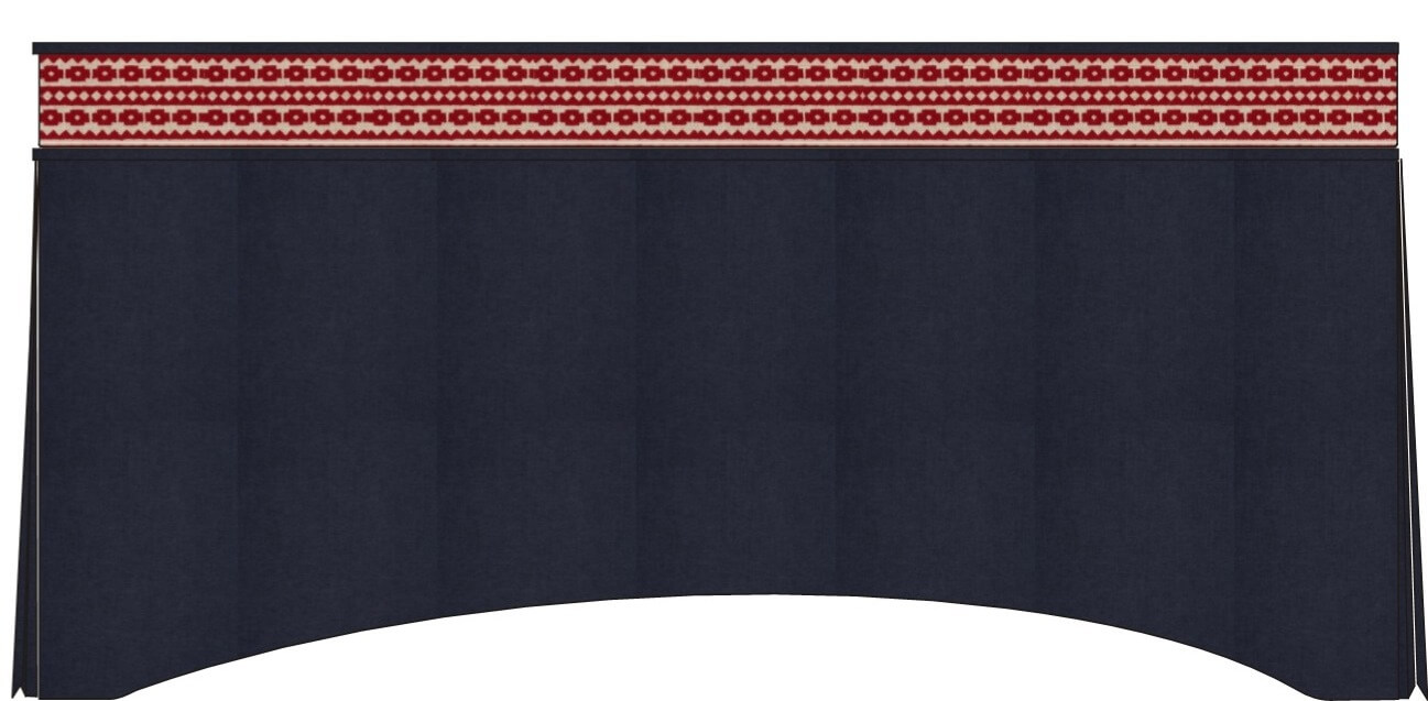 Custom Window Treatment Valances I'm working on now Navy blue with Red patterned border at the top Lindsey Putzier Design Studio