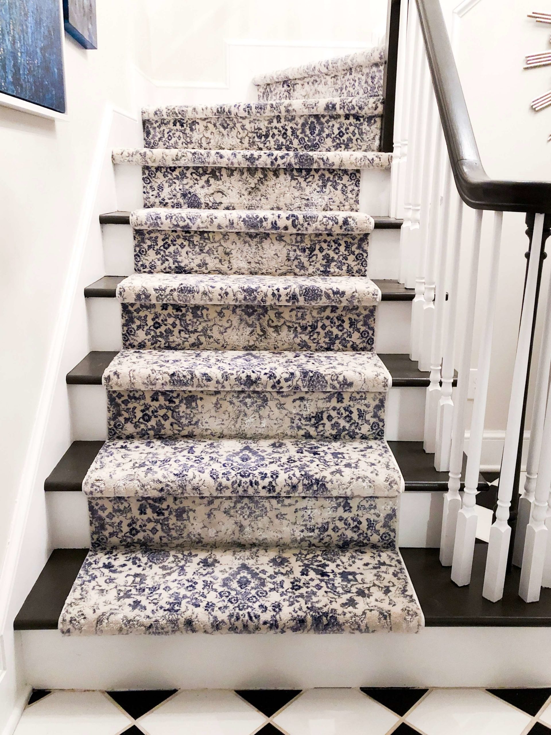 Blue and White patterned carpeting on Stairway Transformation Lindsey Putzier Design Studio