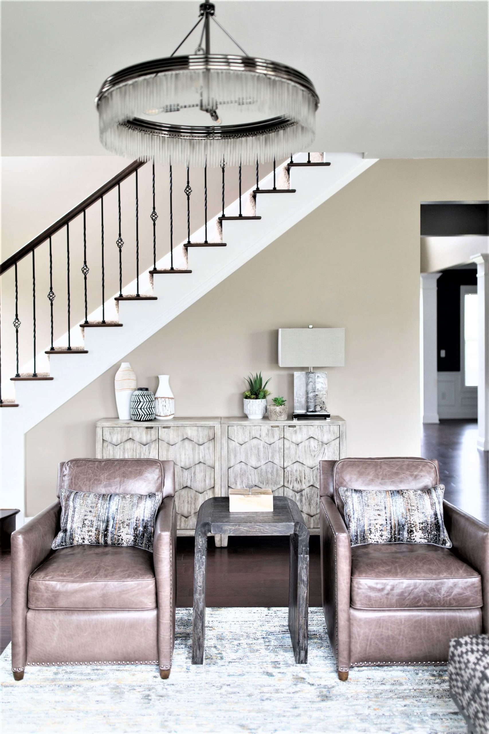 Moody Urban Home Stairway in Family Room Space