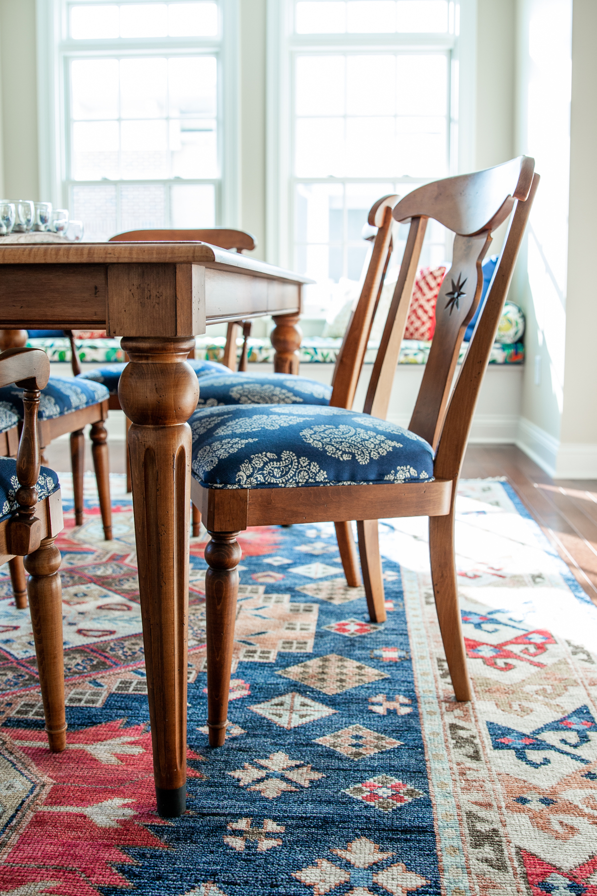 New cushion fabric brought life into this classic dining set Eclectic Interiors