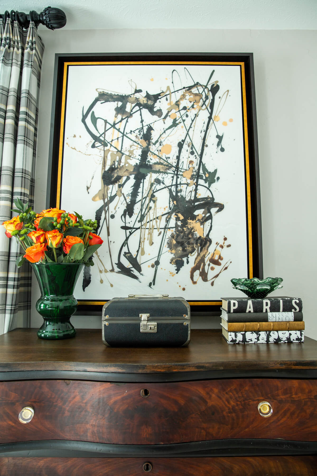 Vintage Store Accessories on revitalized vintage dresser with abstract art guest bedroom Lindsey Putzier Design Studio