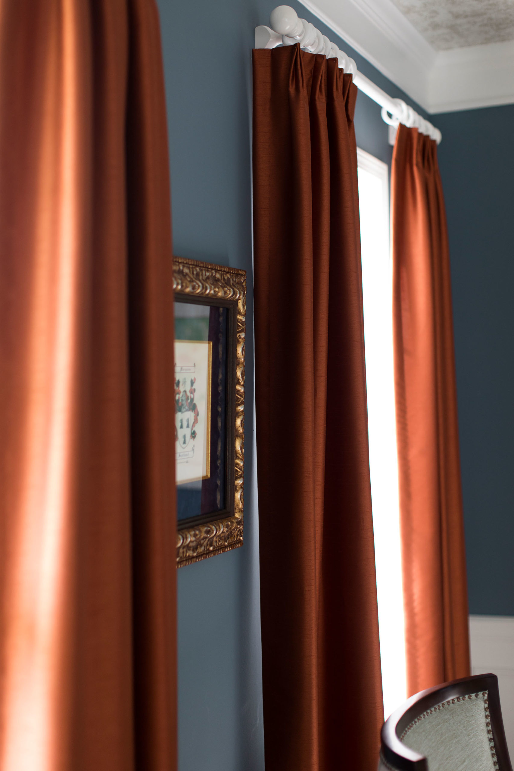 Orange Euro Pleat Draperies in Dining Room Lindsey Putzier Design Studio Hudson, OH