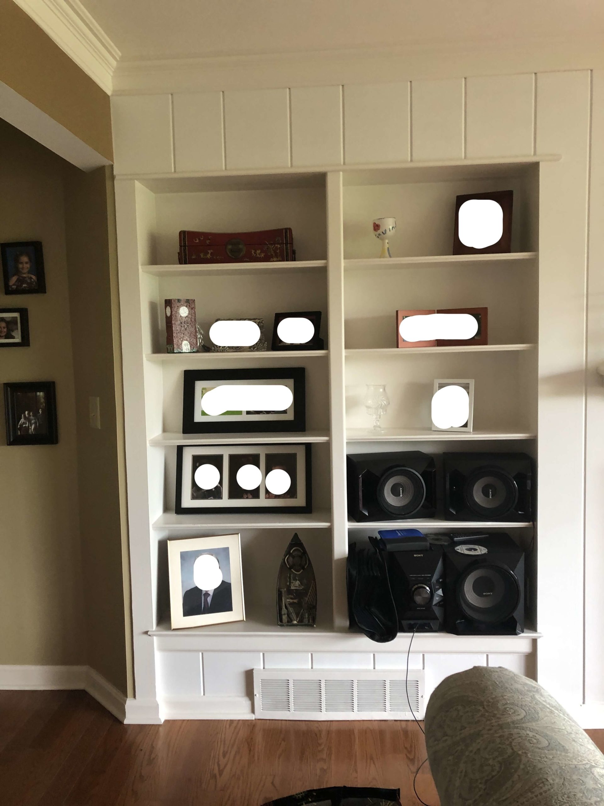 Family Room Built-in Shelves Before Lindsey Putzier Design Studio