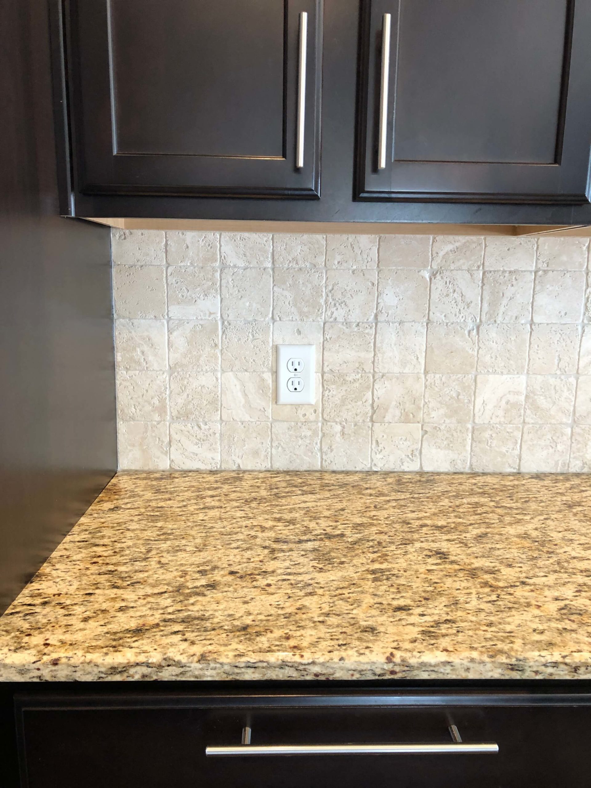 Before Photo of Pink beige travertine Kitchen Backsplash tile Lindsey Putzier Design Studio