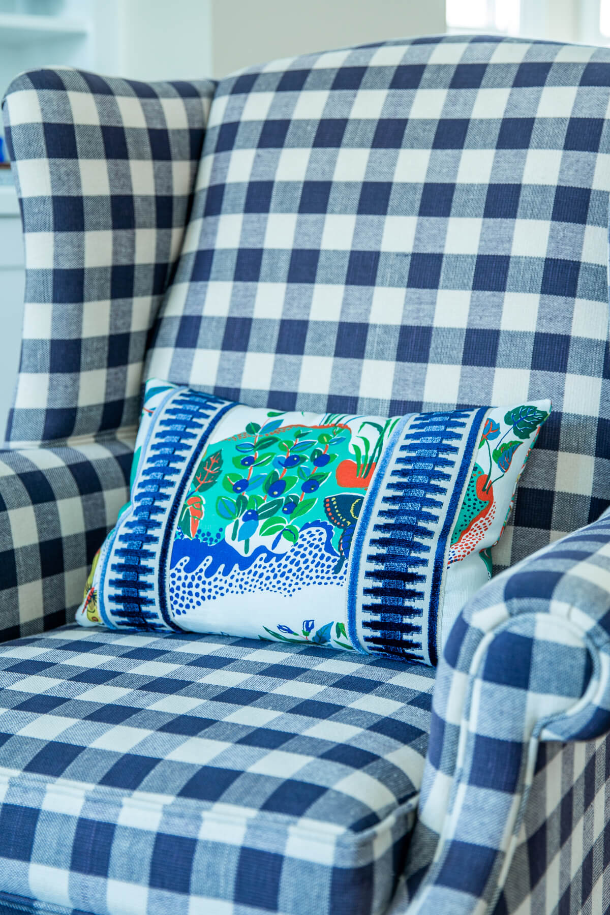 Blue and White plaid chair with custom pillow Living Room Lindsey Putzier Design Studio