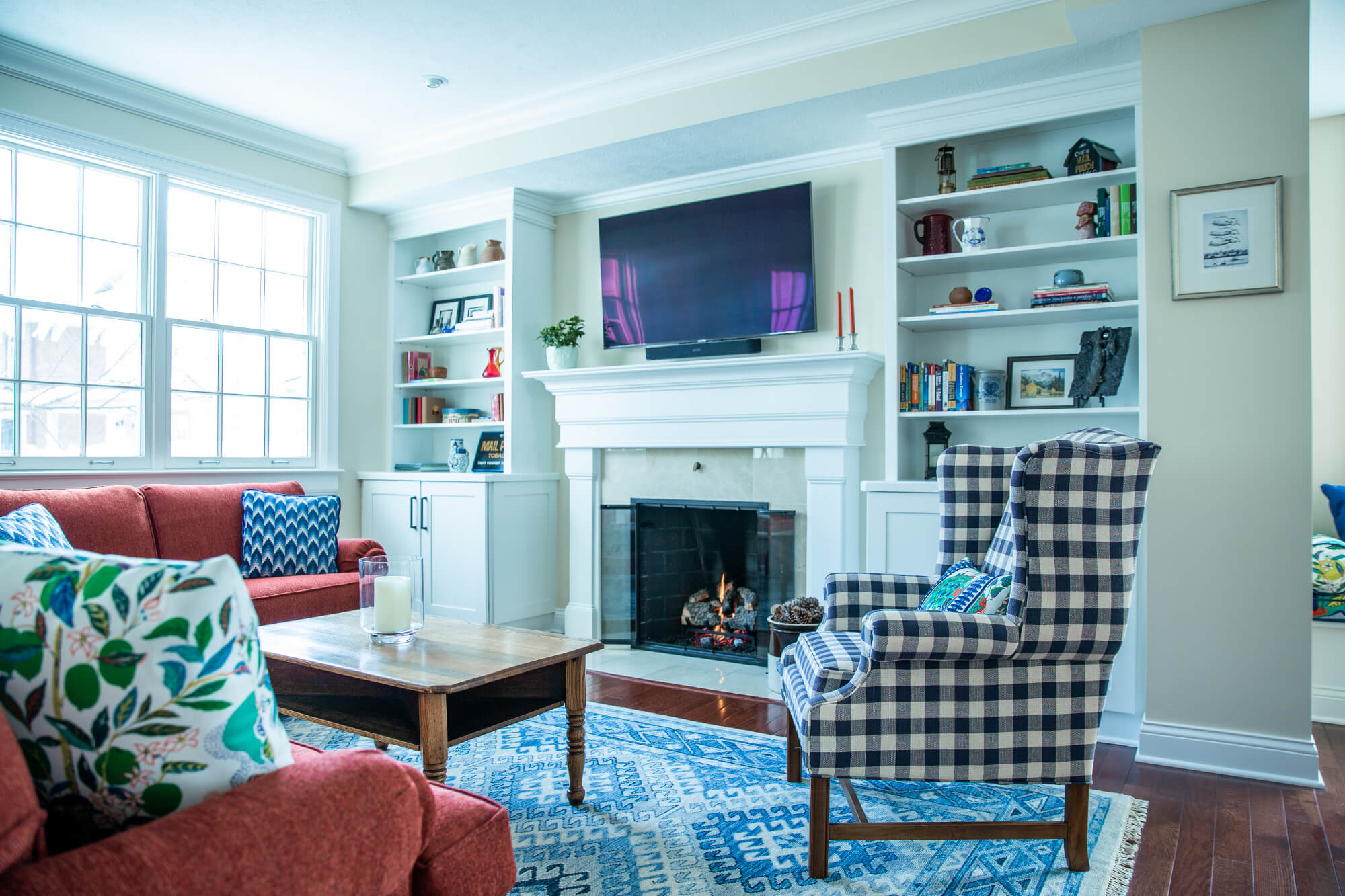 Living Room After with Benjamin Moore’s Muslin pink beige walls Lindsey Putzier Design Studio