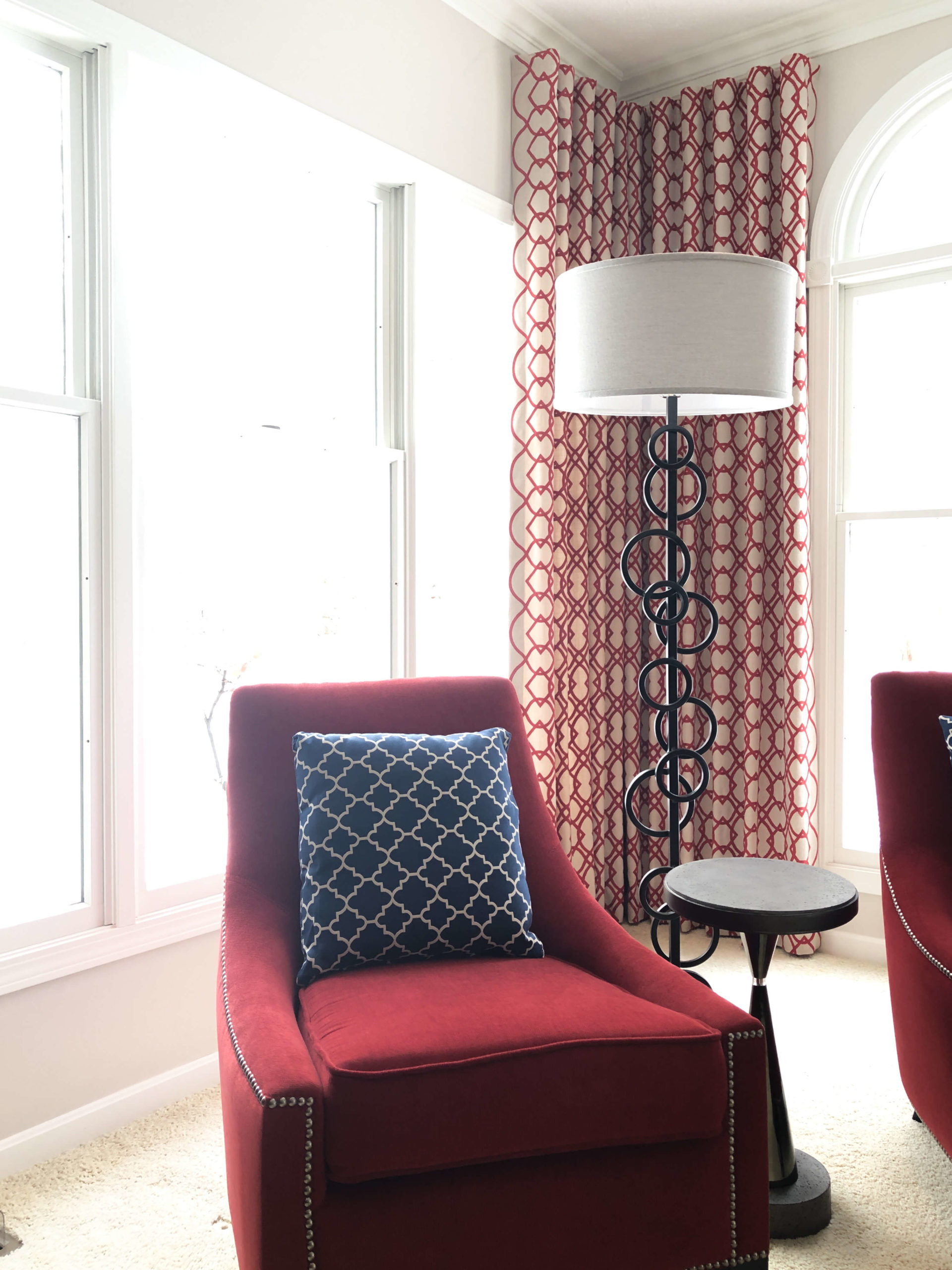 Red chair and red custom draperies Lindsey Putzier Design Studio ohio