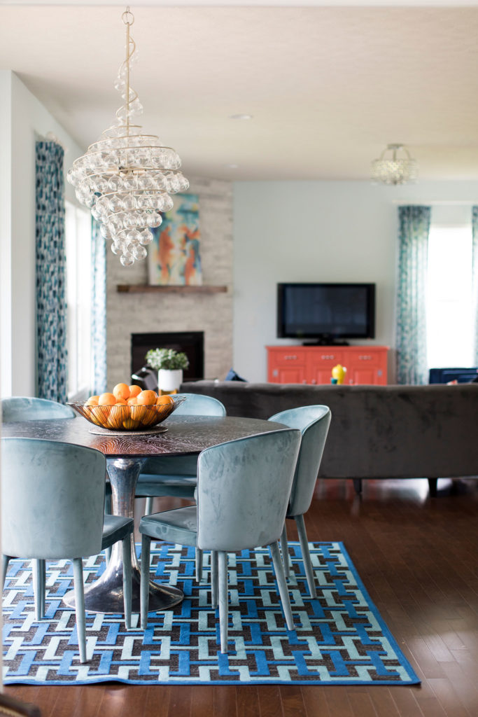 Velvet Blue Chair Rug Glass Chandelier Lindsey Putzier Design Studio Hudson