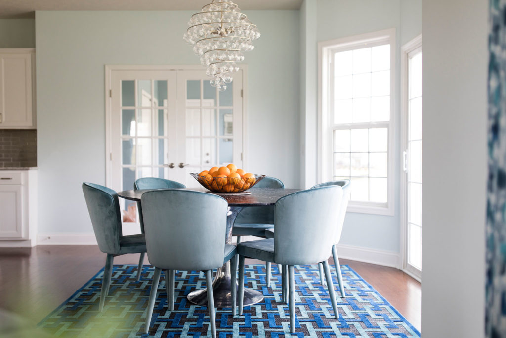 Velvet Blue Chair Rug Glass Chandelier Lindsey Putzier Design Studio Hudson