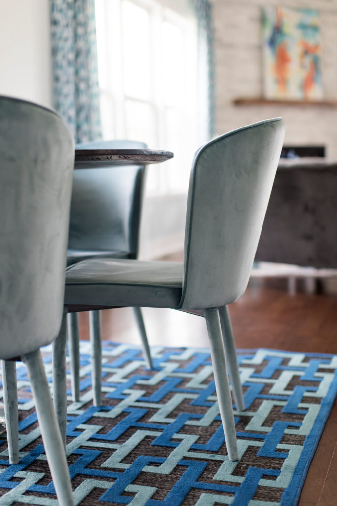 Velvet Blue Chair Rug Glass Chandelier Lindsey Putzier Design Studio Hudson