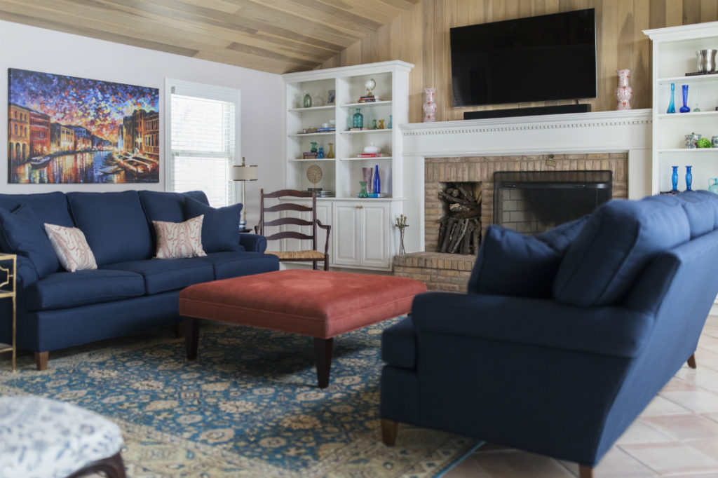 Living Room Fireplace Tv Mounted Above Ottoman Lindsey Putzier Design Studio