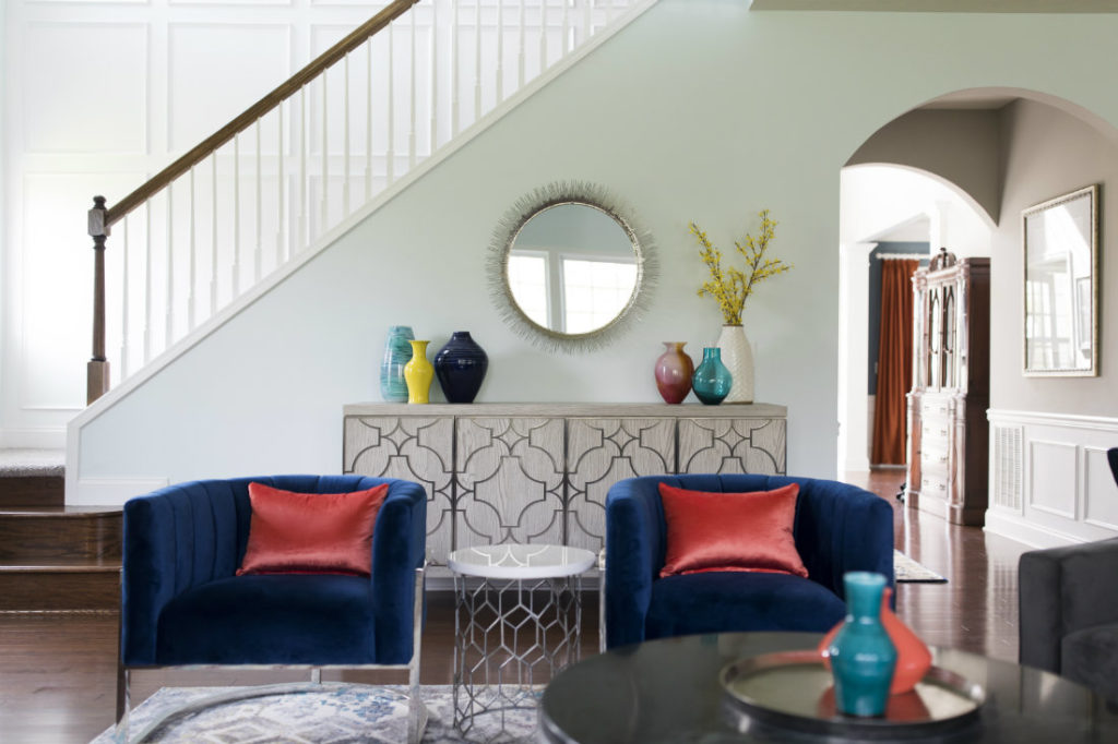 Staircase Entry Way Living Room Seating Area Lindsey Putzier Design Studio
