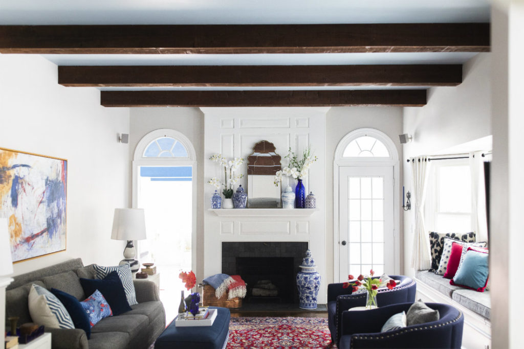 Transitional Home Design Exposed Wood Beam Living Room Hudson Oh Lindsey Putzier Design Studio