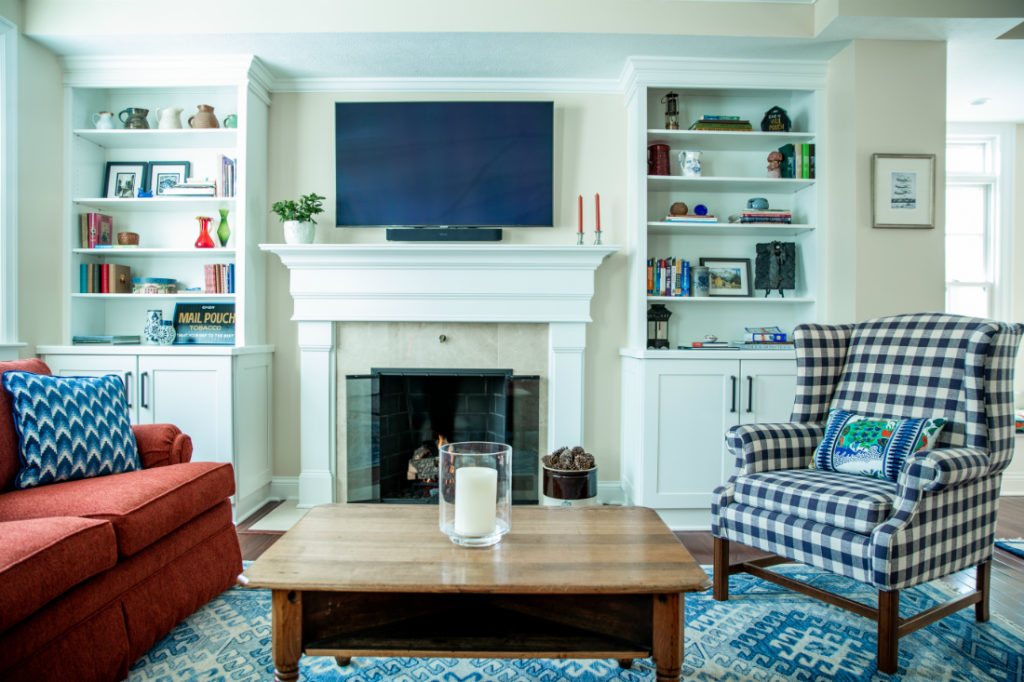 Tv Above Fireplace Living Room Design Checkered Arm Chair Red Couch Lindsey Putzier Design Studio