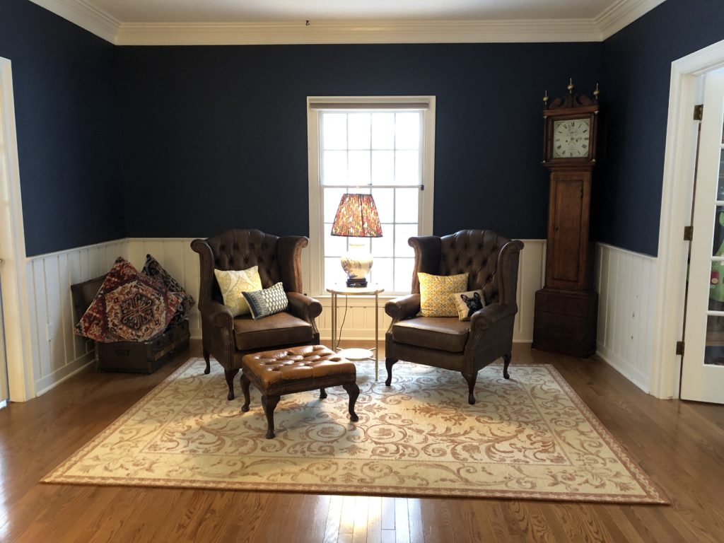 Tranistion of British Inspired Family Room Space without Window treatments