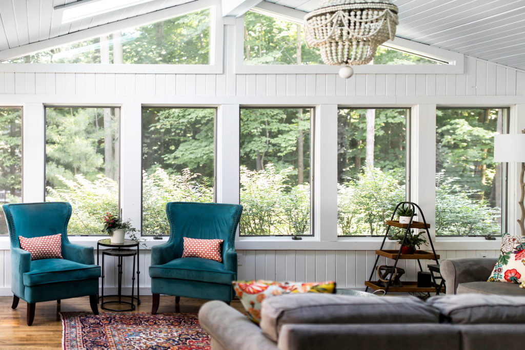 Sunroom White Walls Wood Chandelier Lindsey Putzier Design Studio