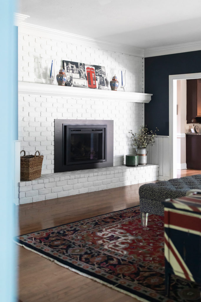 White Fireplace Vintage Rug Family Room Lindsey Putzier Design Studio