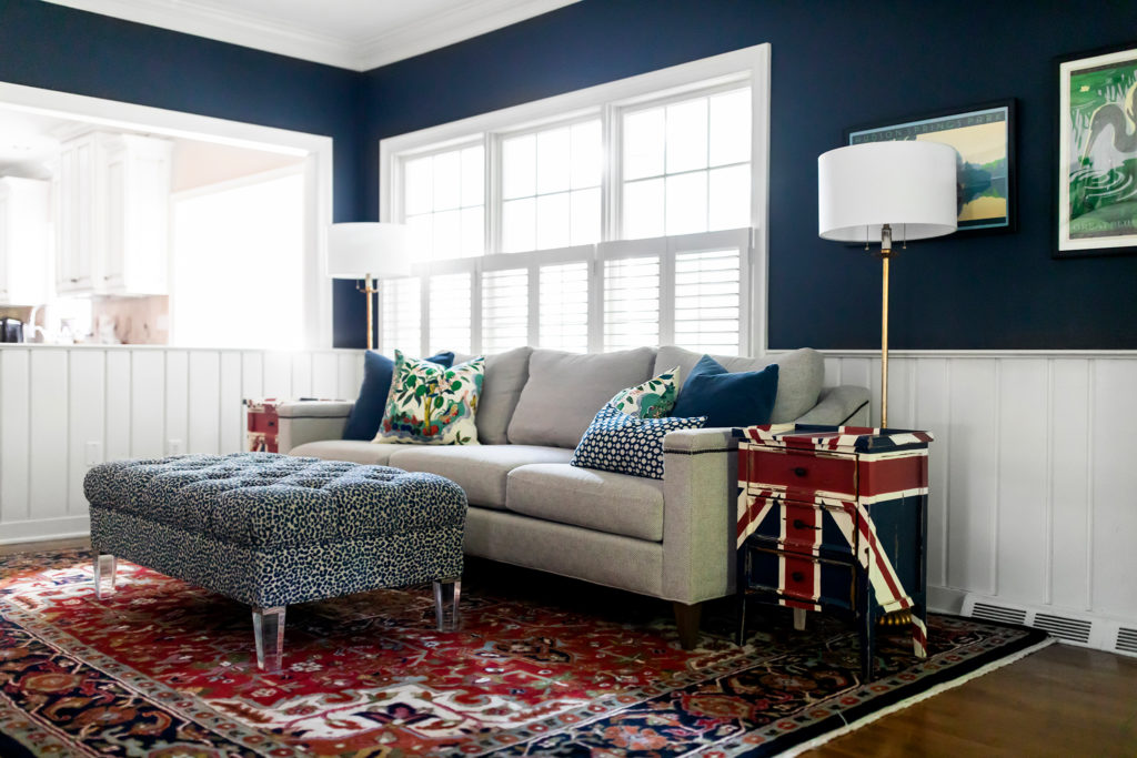Long Sofa in A British-Inspired Family Room Lindsey Putzier Design Studio