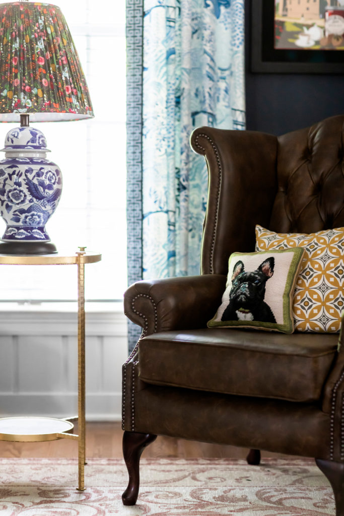 French Bulldog Pillow on Chesterfield Chairs in Family Room Eclectic Interiors OH