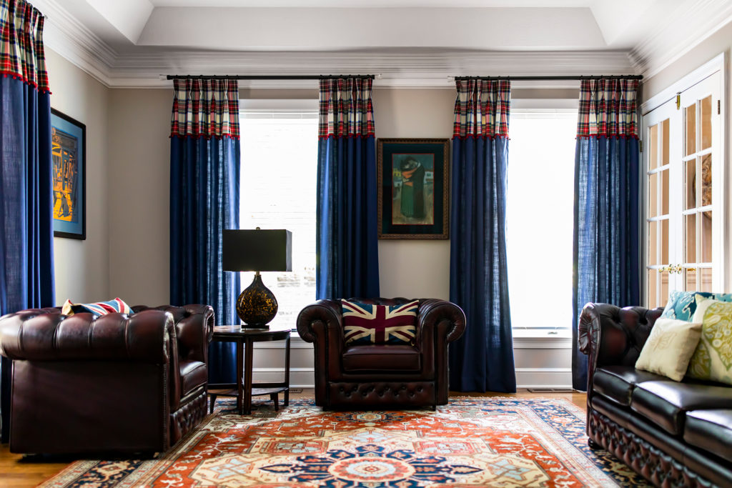 Drapery Panels and Vintage Rug in British Inspired Home Lindsey Putzier Design Studio