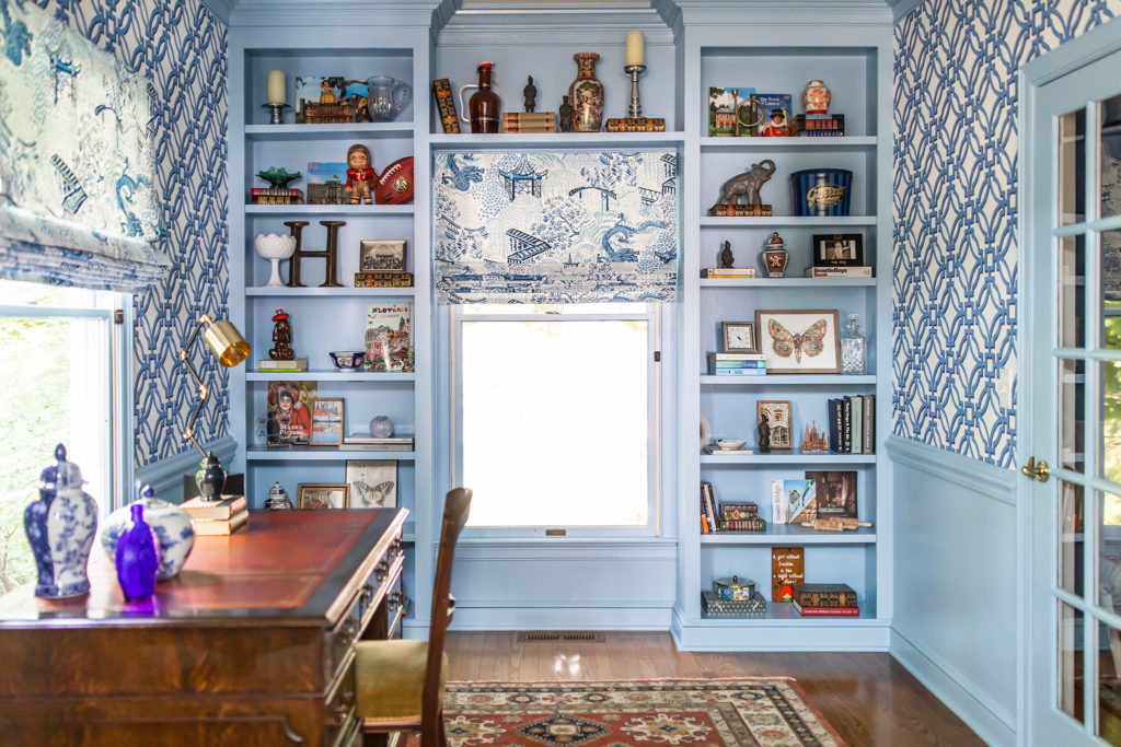 Blue Built-In Shelves Blue Wallpaper Toile Roman Shade Office Lindsey Putzier Design Studio Hudson