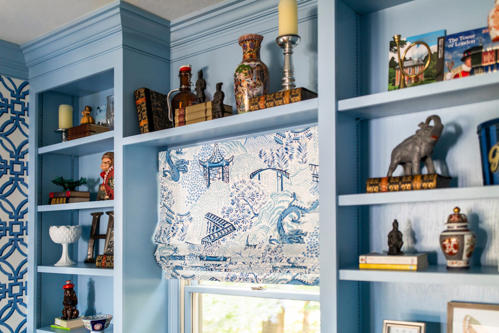 Blue Bookshelves Blue Wallpaper Toile Roman Shade Office Lindsey Putzier Design Studio Hudson