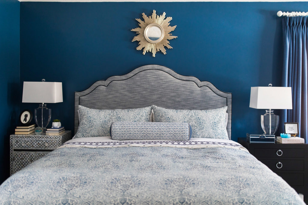 Master Bedroom with dark blue walls Lindsey Putzier Design Studio Ohio
