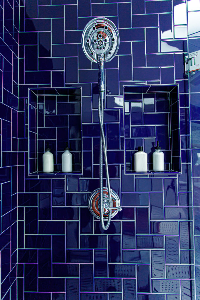 blue herringbone shower Lindsey Putzier Design Studio