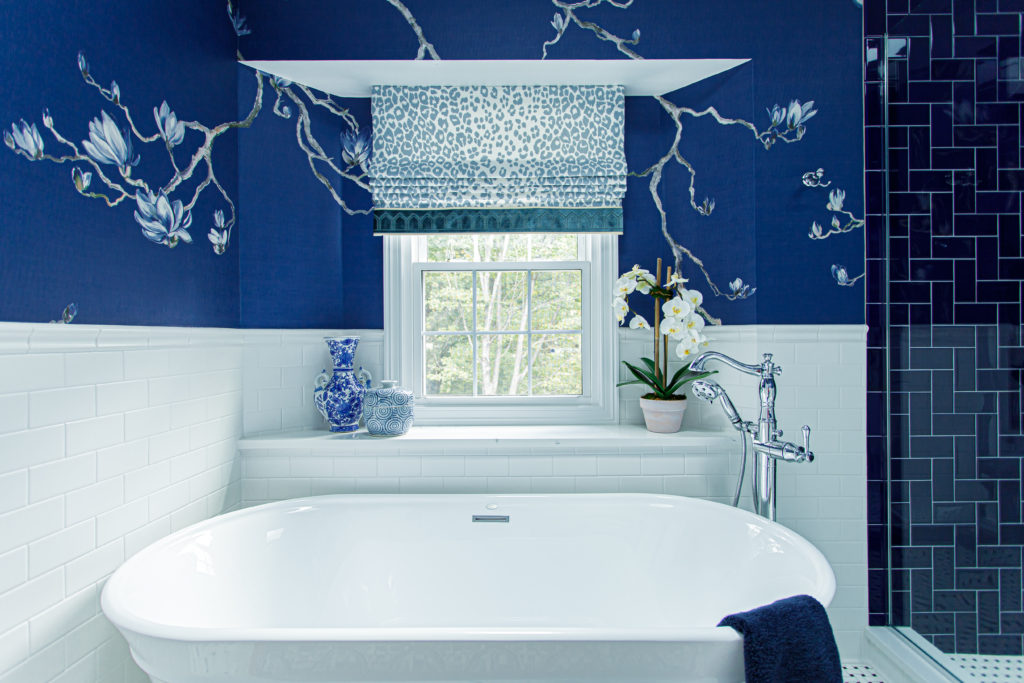 Schumacher cheetah print roman shade with velvet trim Master Bathroom Hudson OH Lindsey Putzier Design Studio