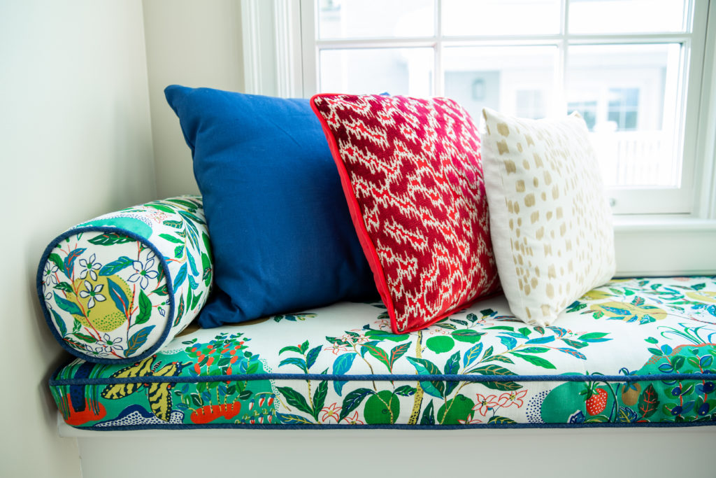 close-up of window seat cushion and pillows Lindsey Putzier Design Studio
