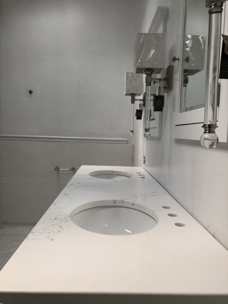 white quartz with wavy veining vanity countertops Master Bathroom Lindsey Putzier Design Studio