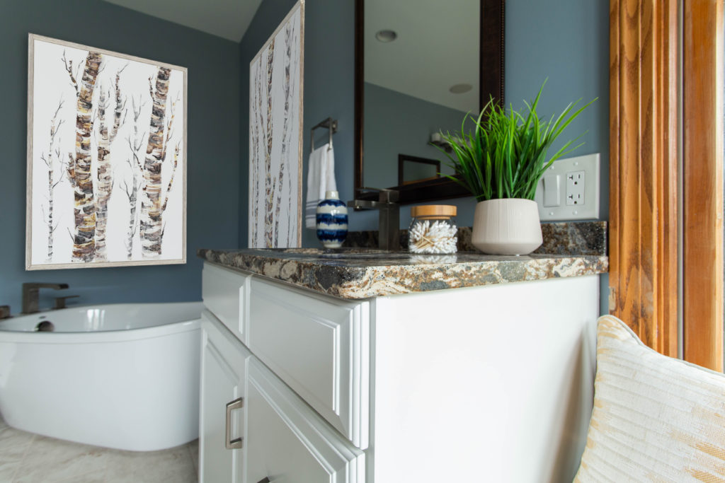 Large Scale Tree Artwork above bath in Master Bathroom Lindsey Putzier Design Studio ohio