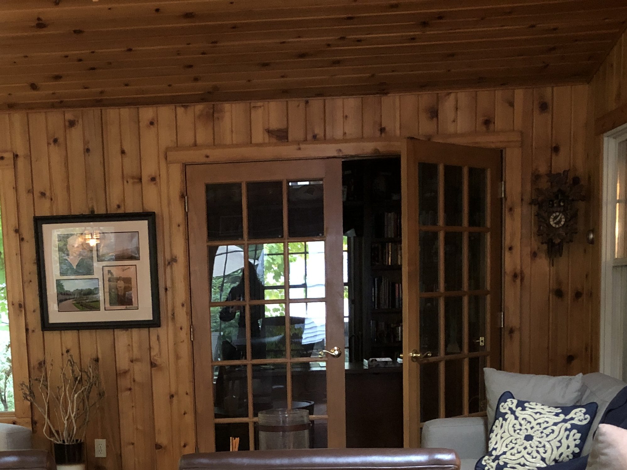 Dark, wooden walls of Sunroom before Lindsey Putzier Design Studio