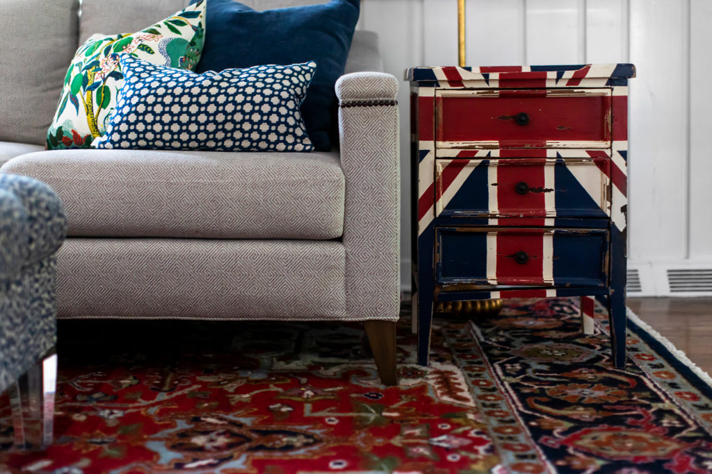 Sofa Pillows in contrasting blue velvet and some colorful Schumacher fabrics Family Room Lindsey Putzier Design Studio