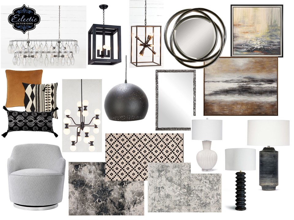 Family Room Mood Board including Art, Decor, Furniture, and Lighting Lindsey Putzier Design Studio