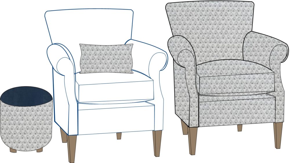 Rendering with fabric options for a custom chair and ottoman Lindsey Putzier Design Studio