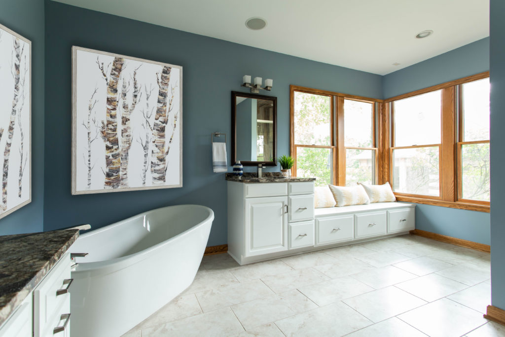 Vanity with Window Seat in Master Bathroom Lindsey Putzier Design Studio Ohio