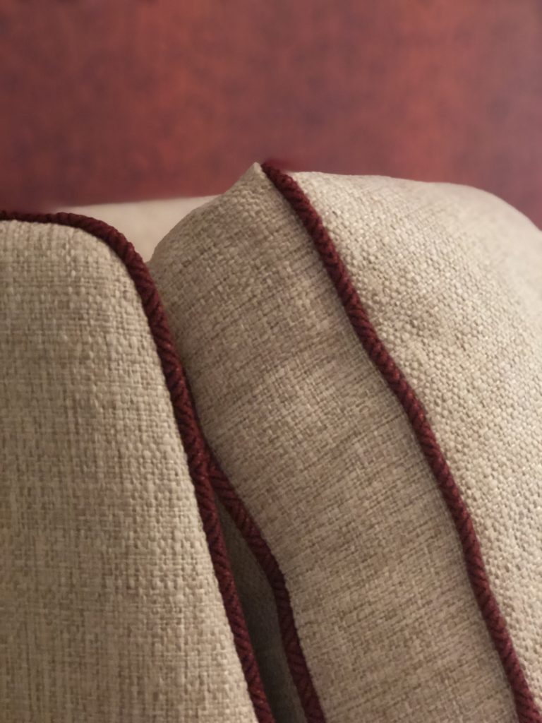 Cushion with Red Fabric Welt Lindsey Putzier Design Studio Hudson Ohio