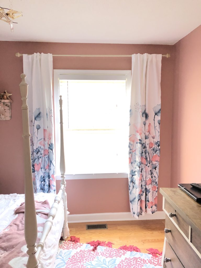 Floral Back Tab Draperies that are too short in bedroom