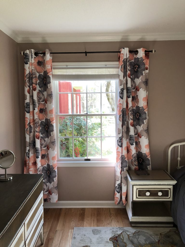 Floral Grommet Draperies that are too short in bedroom Lindsey Putzier Design Studio