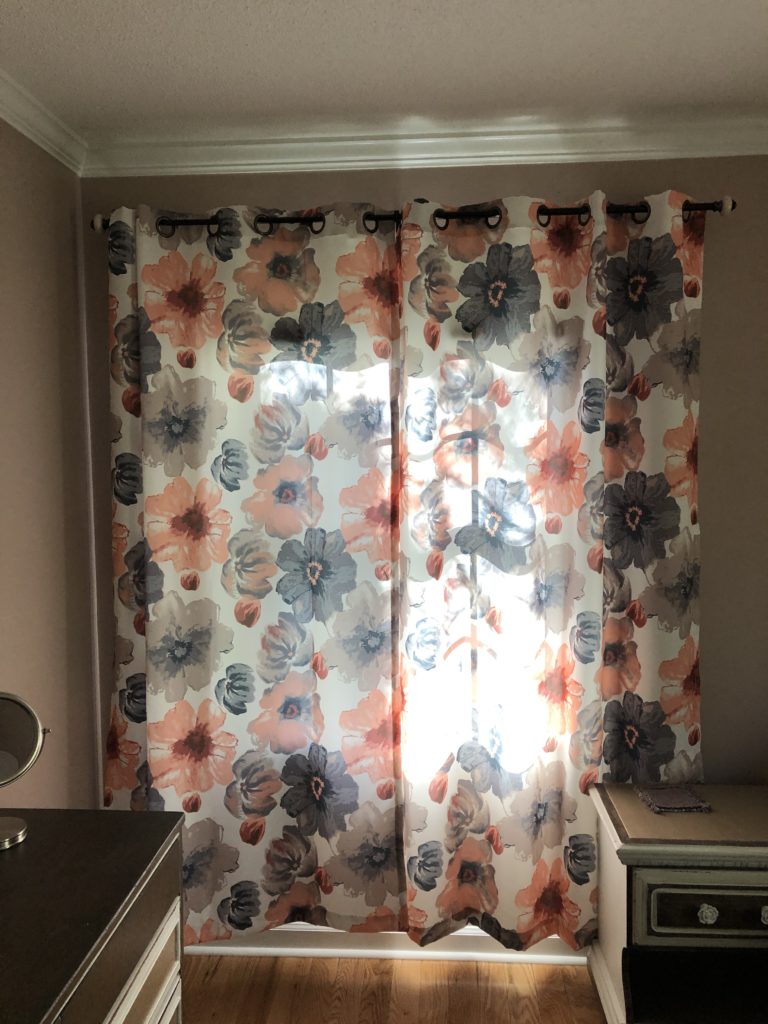 Floral Grommet Draperies that are too short in bedroom Lindsey Putzier Design Studio