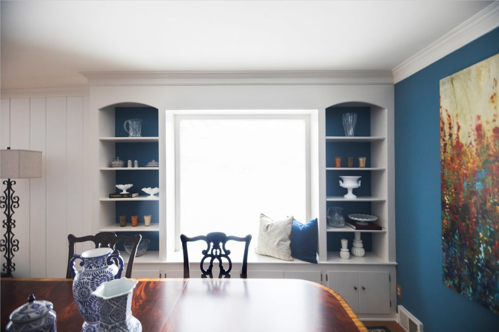 After Image of white with blue backdrop Dining Room built-in shelves Lindsey Putzier Design Studio