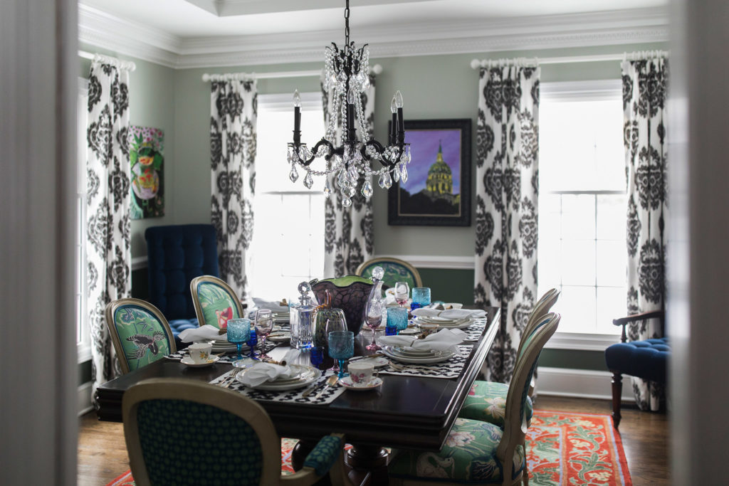Eclectic Vintage Dining Room  with black and white drapes and white drapery rod