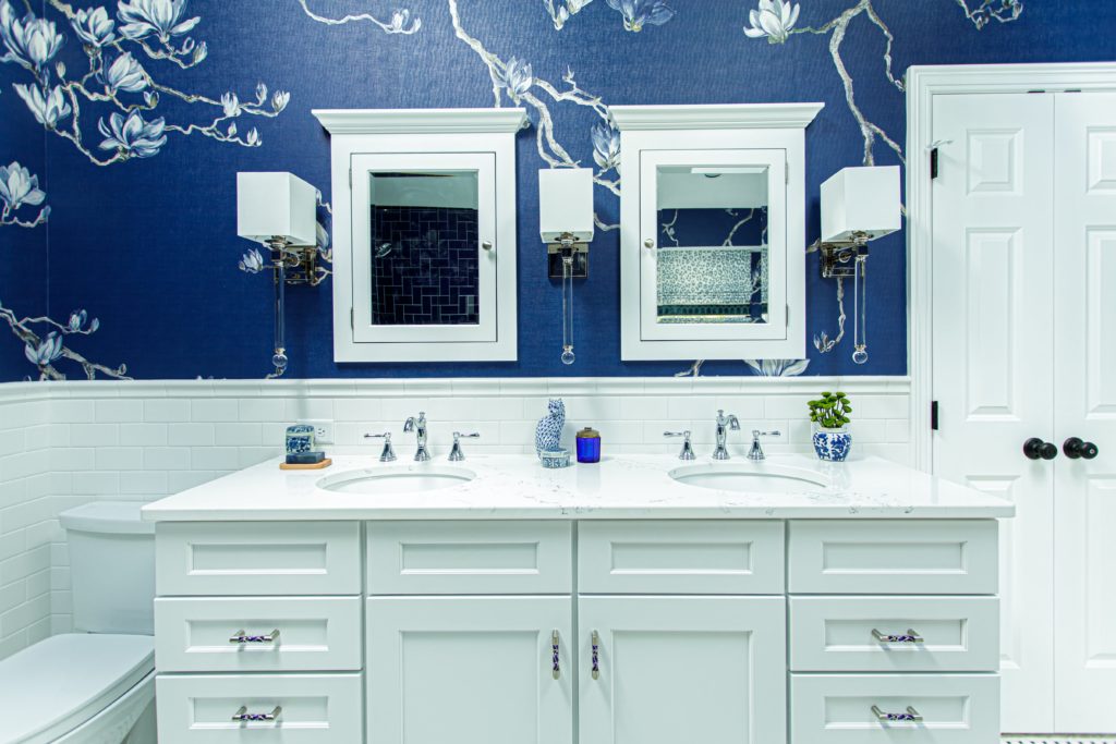 medicine cabinets white tile blue walls Lindsey Putzier Design Studio